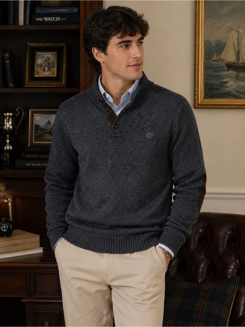 Chaps Henley Quarter Button-Up Knit Sweater Suede Leather Elbow Patches Men XXL